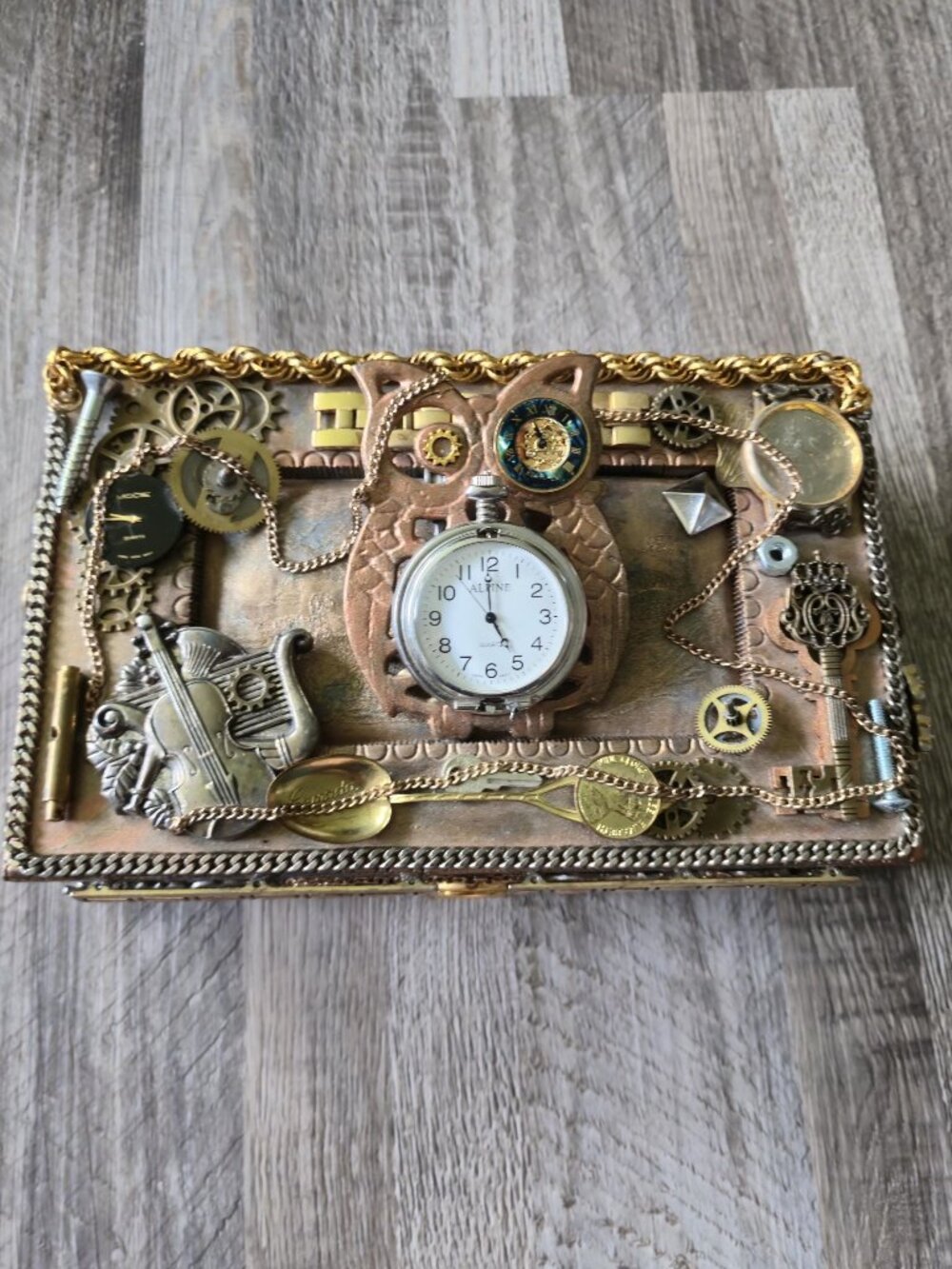 J. & J. Cash Wood Jewelry Box Steampunk Altered Art Owl Watch Unique Gift Decor